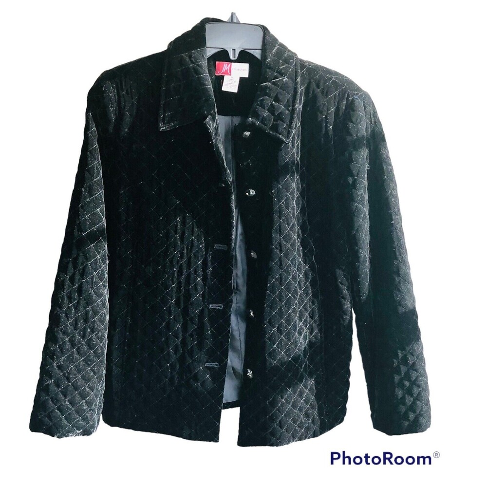 JM Collection Women's Size 8 Quilted Lined Color Black Velvet Jacket Botton Down